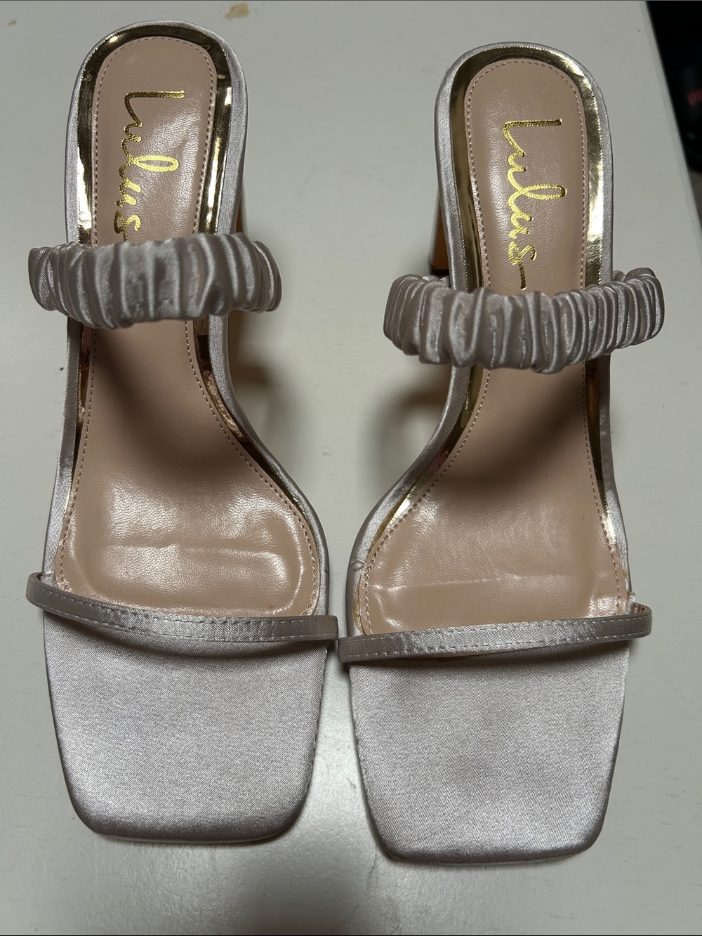 Lulu's Blush Satin Ruched-Strap Heeled Sandals
